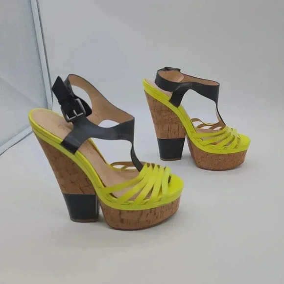 Enzo Angiolini T Strap Platform Wedge Sandals - Gigio Yellow Neon Cork sz 6 - Picture 6 of 10